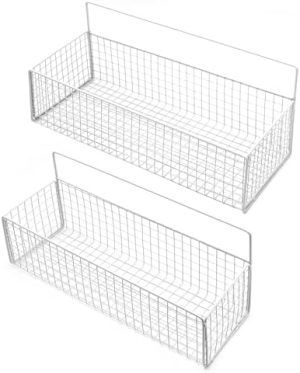 2-pakning hengende trådkurver, forsterket metallveggkurv, oppbevaringsorganisator for hjem, kjøkken, skap, garderober, bad, pantry, soverom (Hvit)  |  Hengende kjøkkenkurver Hengende kjøkkenkurver Hengende kjøkkenkurver